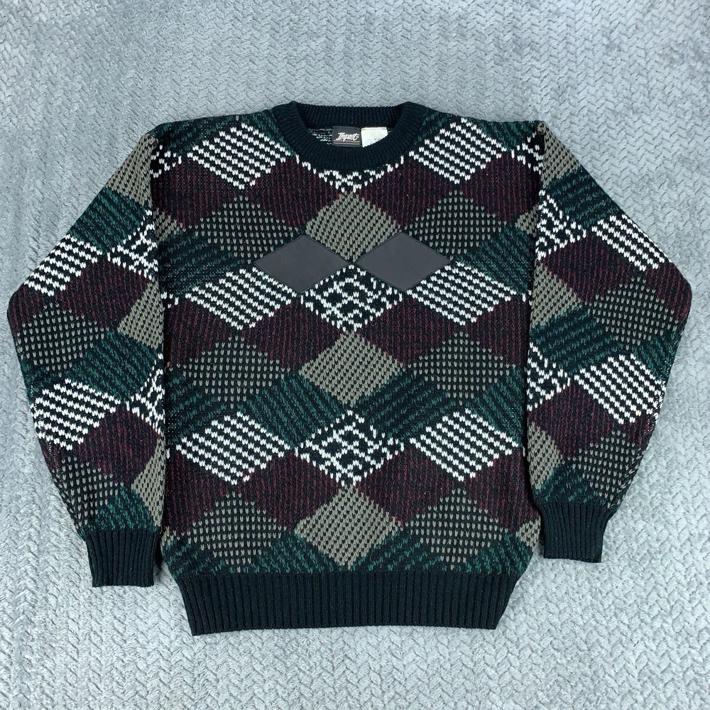VTG Impact Sweater Men's Medium Multicolor Geometric Leather Patches Grandpa 90s